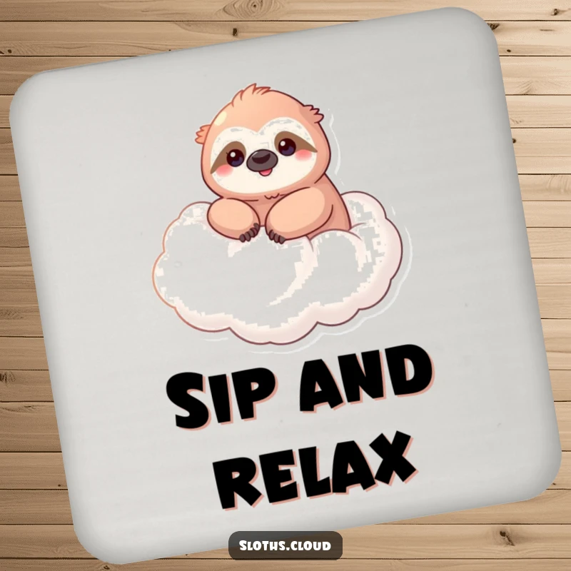 Funny drink coaster with a kawaii sloth smiling serenely, floating on a cloud, protecting surfaces with calm.