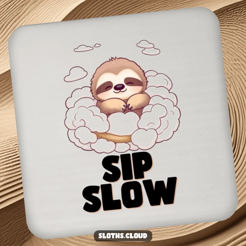 Funny drink coaster showcasing a peaceful sloth nestled in fluffy clouds, protecting surfaces with a touch of serene humor.