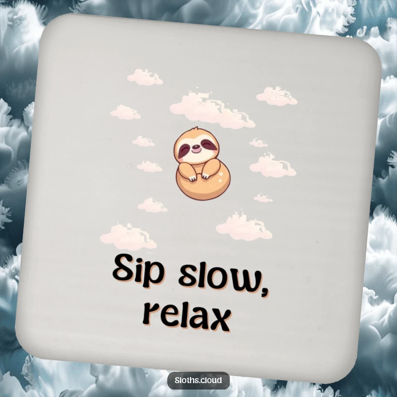 Funny drink coaster featuring a calm sloth floating peacefully in a cloudy sky, protecting surfaces with humorous charm.