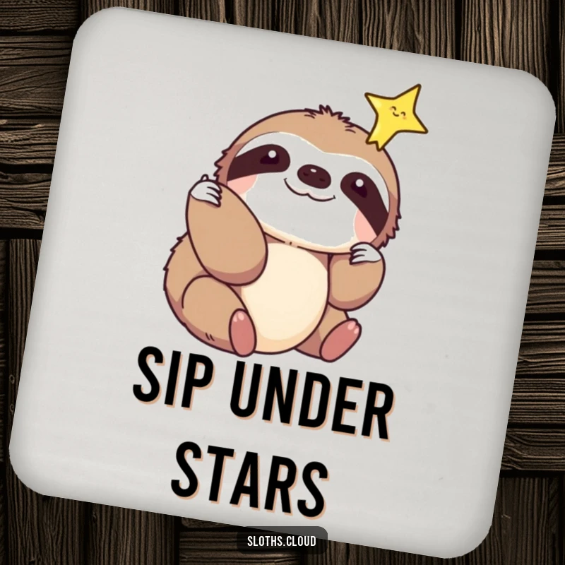 Funny drink coasters with a sloth reaching out to touch a sparkling star, bringing dreamy humor to your tabletop.