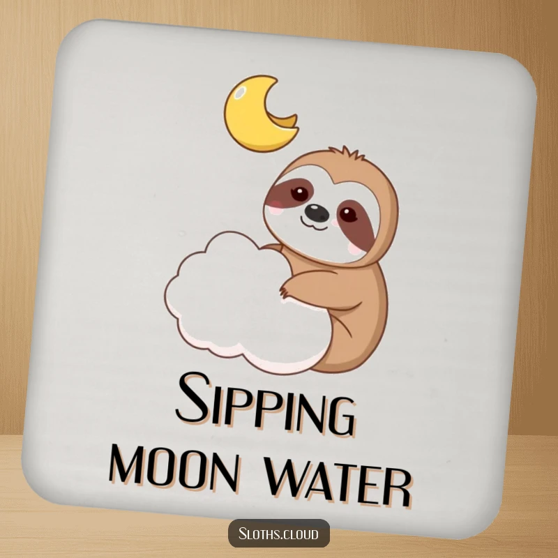 Funny coaster features a sloth and a smiling moon sharing a cloud, adding whimsical decor.