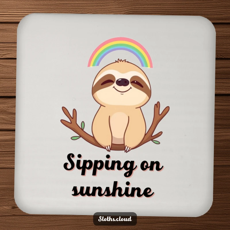 Funny drink coaster depicting a smiling sloth peacefully observing a small rainbow, adding a humorous and serene touch to surfaces.