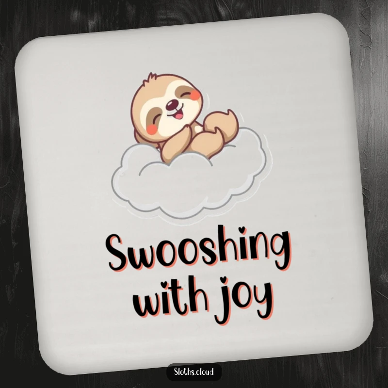 Funny drink coaster depicting a sloth joyfully sliding down a fluffy cloud, adding a humorous and exhilarating touch to surfaces.