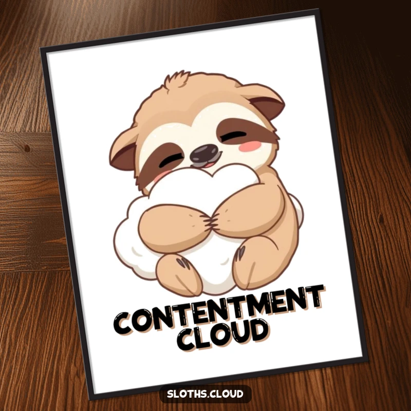 Funny poster art of a sloth hugging a fluffy cloud with contentment, perfect for adding comfort and humor to wall decor.