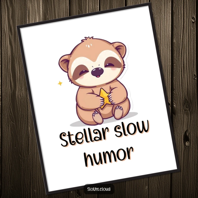 Funny poster of a giggling sloth playfully interacting with a small, shining star, radiating joy and whimsical delight.