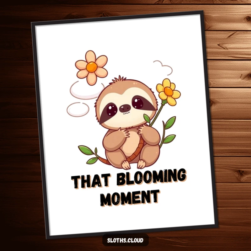 Funny kawaii sloth poster featuring a cute sloth’s surprised reaction to a vibrant flower blooming instantly from a whimsical cloud.