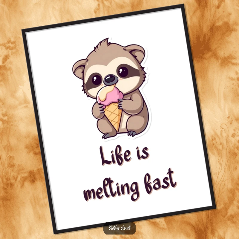 Funny kawaii sloth poster, amused by melting ice cream, whimsical wall art, perfect for kitchens and cafes.