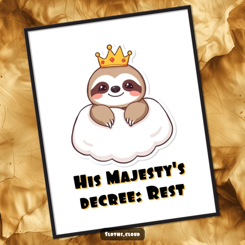 Funny poster of a sloth wearing a crown, resting on a cloud pillow, offering regal and humorous wall art.