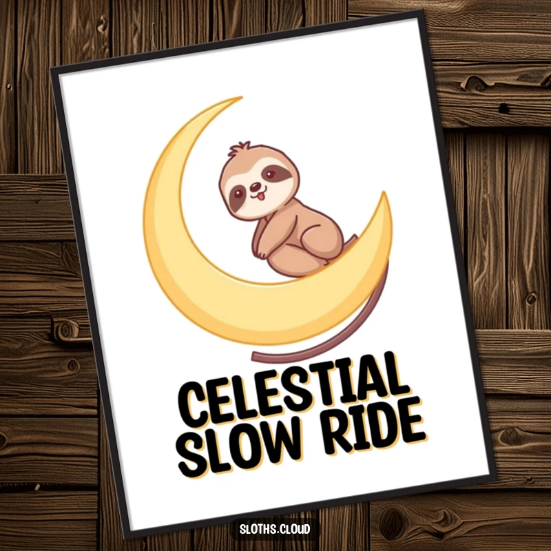 Funny poster of a sloth riding a crescent moon like a gentle roller coaster, evoking a sense of cosmic wonder and slow adventure.