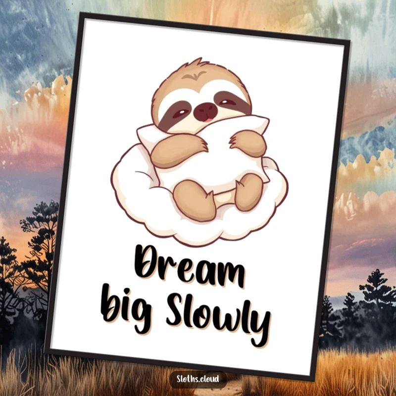 Funny poster art of a lazy sloth holding a pillow while drifting on a cloud, promoting peace and relaxation.
