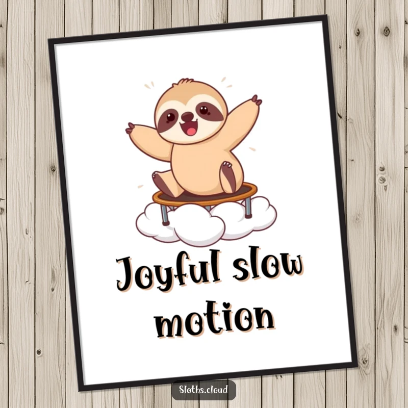Funny poster of a happy sloth energetically bouncing on a cloud like a trampoline, radiating pure joy and high spirits.