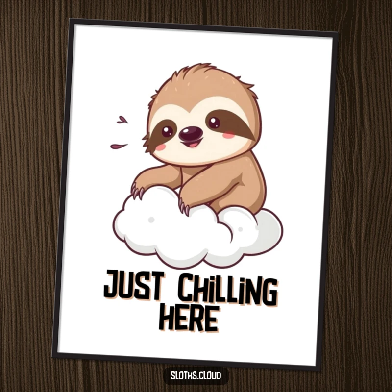 Funny kawaii sloth poster featuring a cute sloth peacefully enjoying a gentle breeze while relaxing on a soft, fluffy cloud.