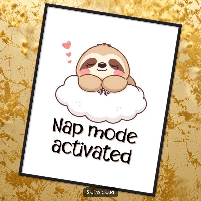 Funny kawaii sloth poster depicting a cute sloth sleeping peacefully on a cloud, perfect for creating a serene and humorous ambiance.