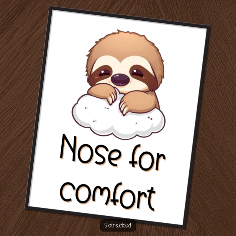 Funny poster art featuring a sloth playfully nudging a fluffy cloud, creating a whimsical and humorous visual for any space.