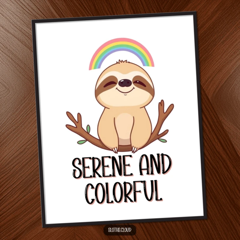 Funny poster art featuring a serene sloth with a gentle smile looking up at a tiny rainbow, evoking tranquility and humor.