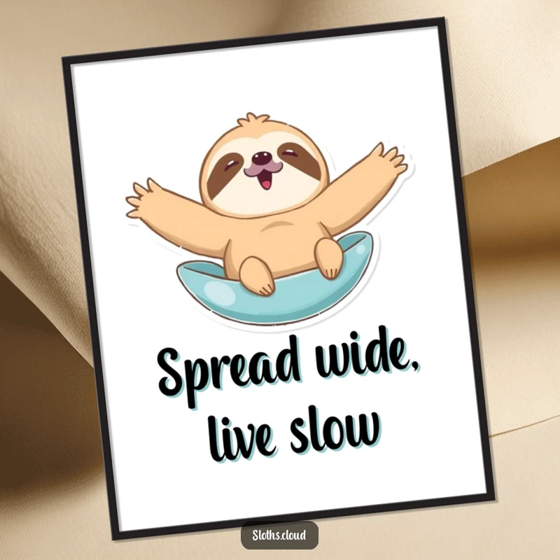 Funny poster print of a happy sloth with arms spread wide, enjoying a leisurely float, embodying pure joy and humor.
