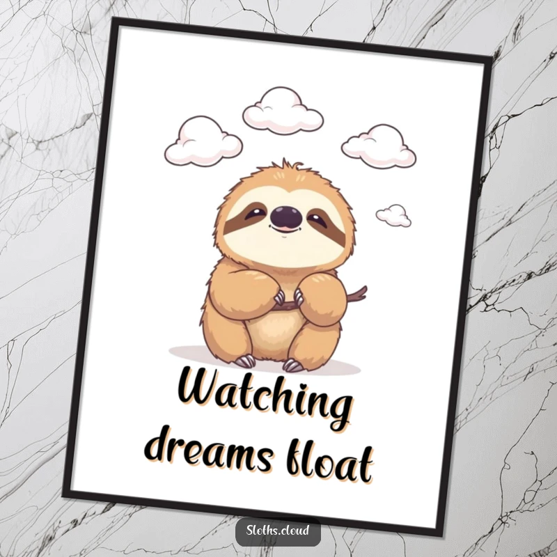 Funny poster print of a sloth with a gentle smile, watching fluffy clouds drift by, embodying humorous tranquility and peacefulness.