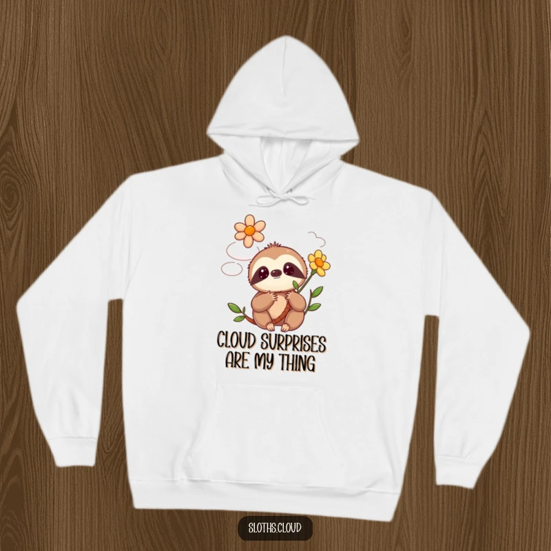 Funny kawaii sloth hoodie displaying a cute sloth looking shocked as a flower magically blooms from a soft, fluffy cloud.