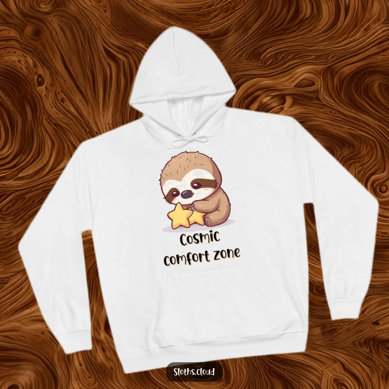Funny hoodie featuring a sloth gently petting a tiny star with a calm, loving expression, ideal funny gift.