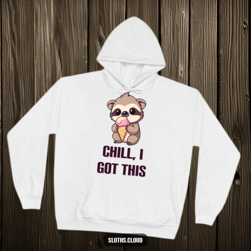 Funny kawaii sloth hoodie, soft and cozy, amused by melting ice cream, perfect lazy day wear.