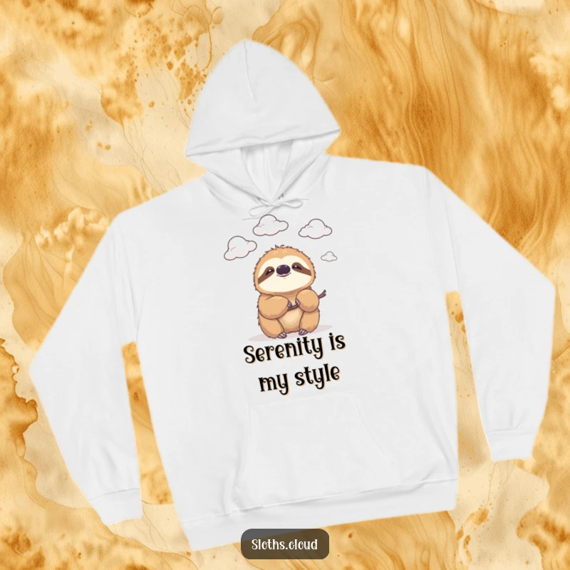 Funny hoodie featuring a content sloth with a gentle smile, watching clouds drift by, offering warmth and a humorous, peaceful vibe.