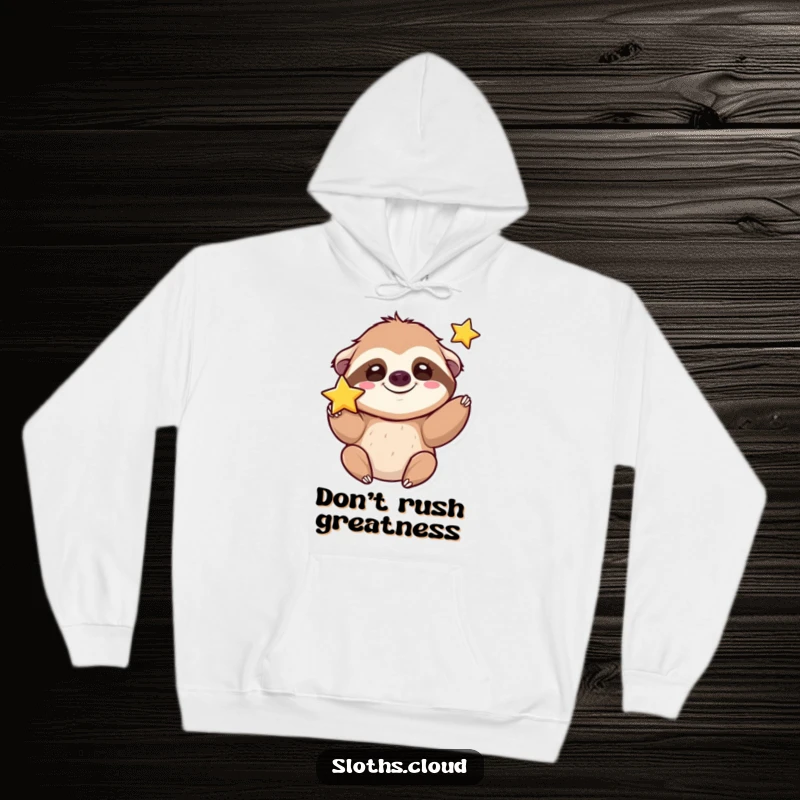 Funny kawaii sloth hoodie with a cute sloth grinning silly while tossing a star, bringing cheer.