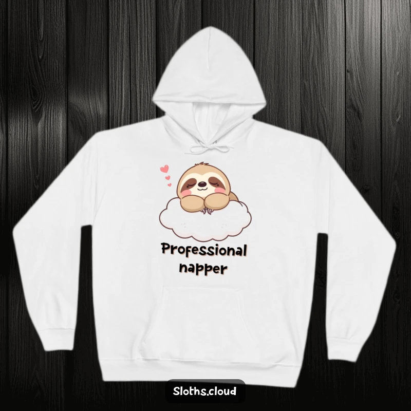 Funny kawaii sloth hoodie featuring a cute sloth napping peacefully on a cloud, ideal for cozy loungewear and relaxation.