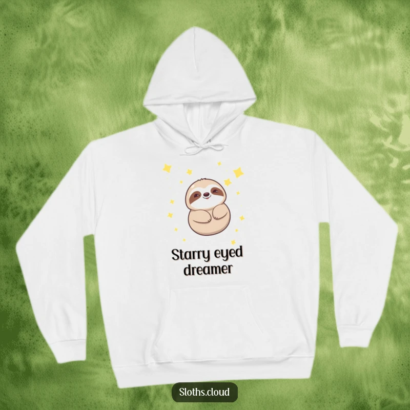 Funny kawaii sloth hoodie featuring a cute sloth smiling serenely while floating amongst twinkling stars, ideal for cozy loungewear and dreamers.