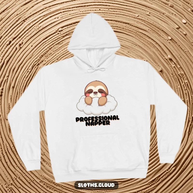 Funny hoodie featuring a serene sloth with closed eyes, peacefully drifting on a soft cloud, offering maximum comfort and chill.