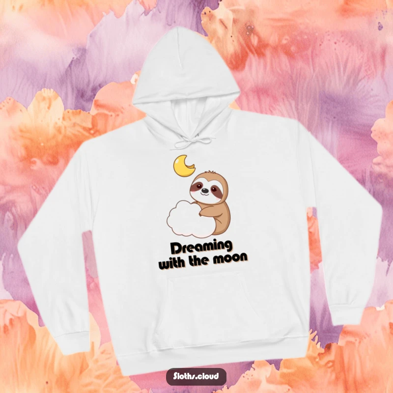 Funny hoodie shows a sloth and a friendly moon sharing a cloud, offering warmth and cosmic charm.