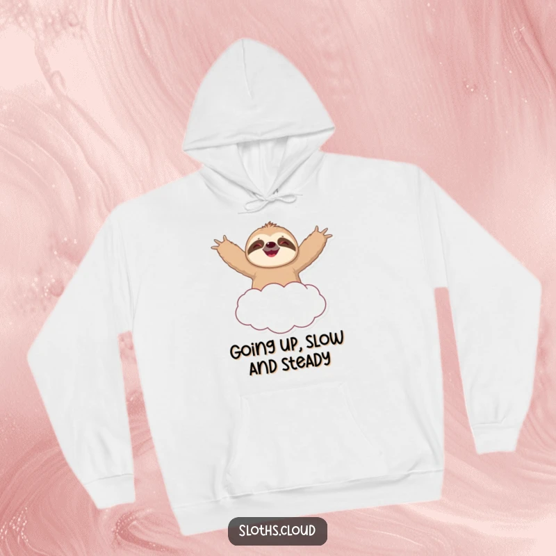 Funny hoodie featuring an ecstatic sloth floating high on a fluffy cloud, arms spread wide, radiating pure happiness and a chill attitude.