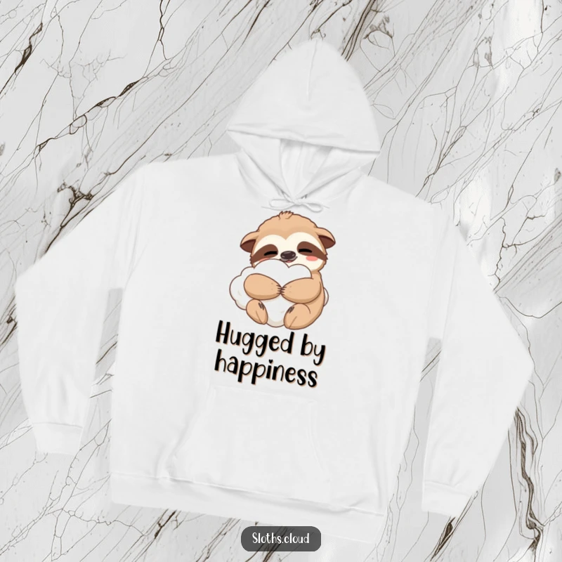 Funny hoodie with a contented sloth hugging a fluffy cloud, designed for ultimate comfort and as a humorous gift.