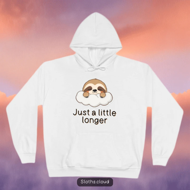 Funny hoodie featuring a sleepy sloth peeking from behind a cloud, with tired eyes, offering cozy comfort and a hint of mischief.