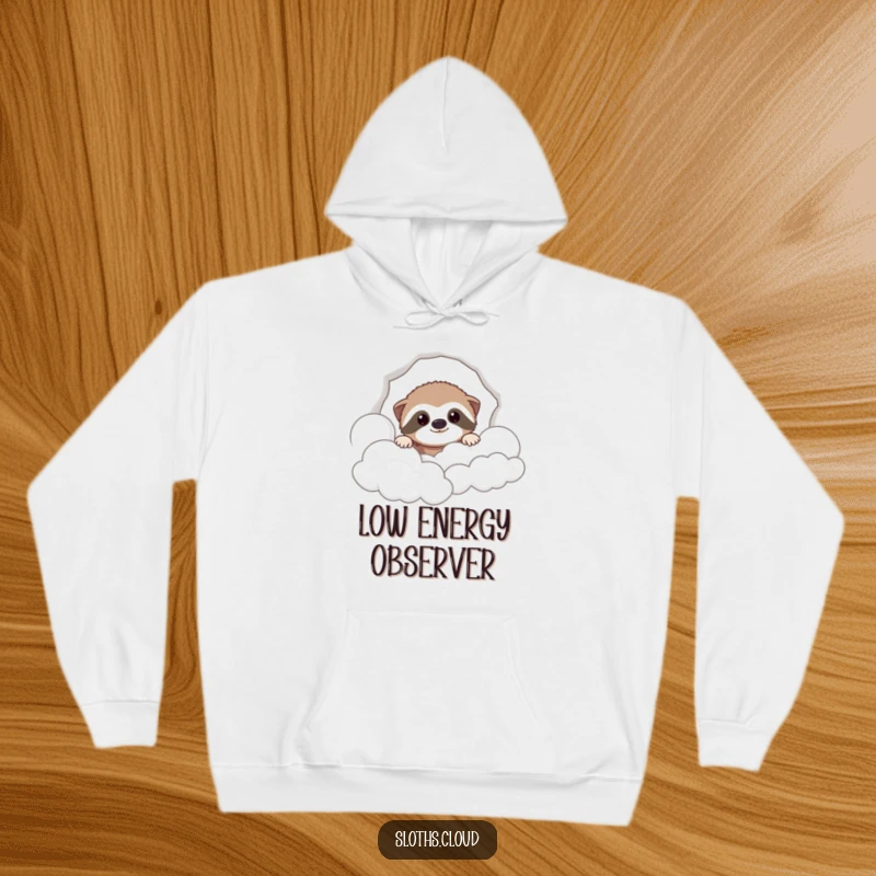 Funny hoodie with a cute sloth peeking from soft clouds, offering a cozy and humorous visual for screen readers.