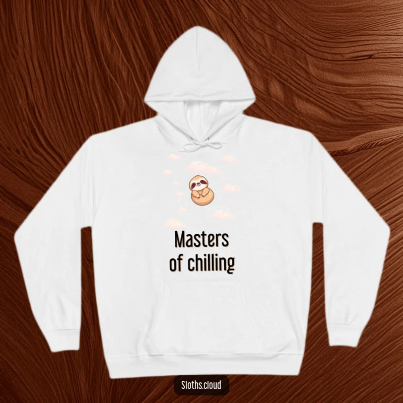 Funny hoodie showcasing a content sloth peacefully floating among fluffy clouds, offering warmth and a humorous, relaxed vibe.