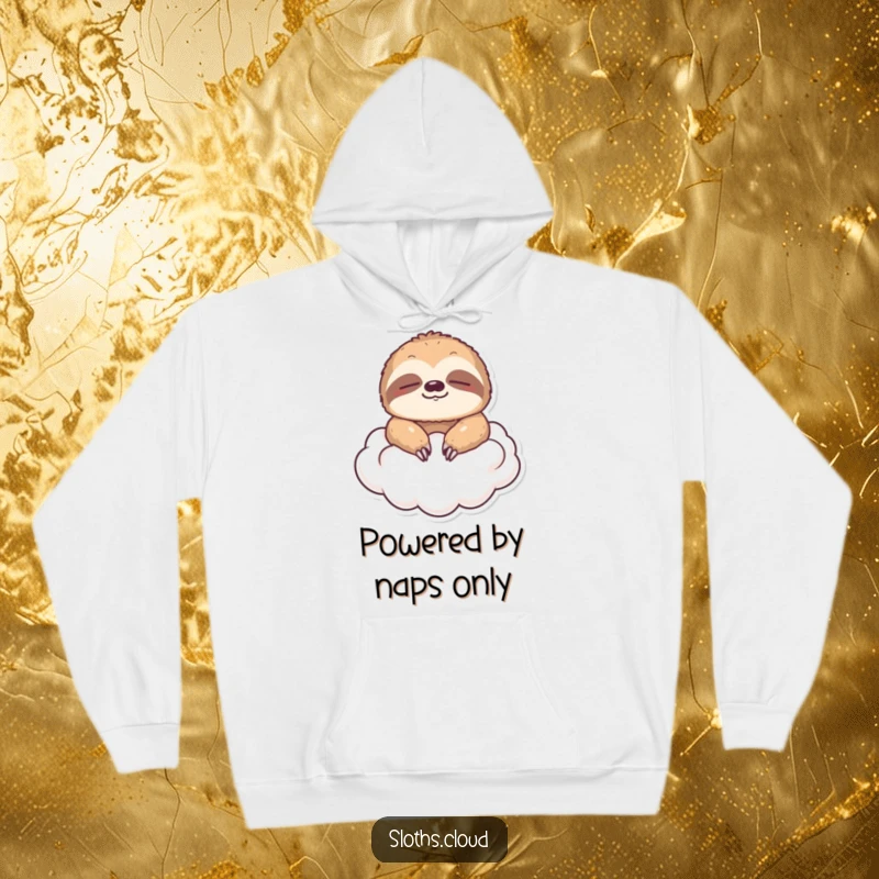 Funny hoodie featuring a sloth floating on a soft cloud with eyes closed, symbolizing peace and comfortable humor.