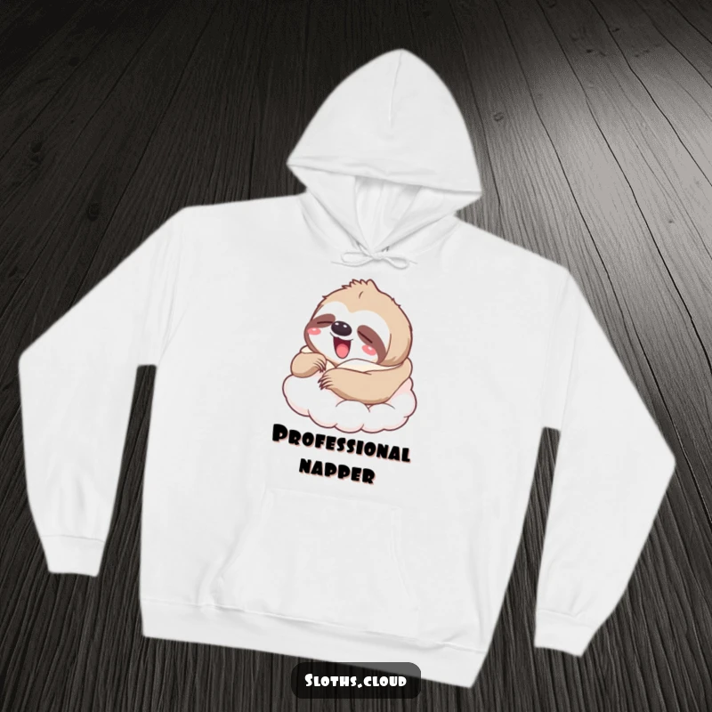 Funny hoodie with a yawning sloth contentedly wrapped in a soft cloud blanket, ideal funny gift.