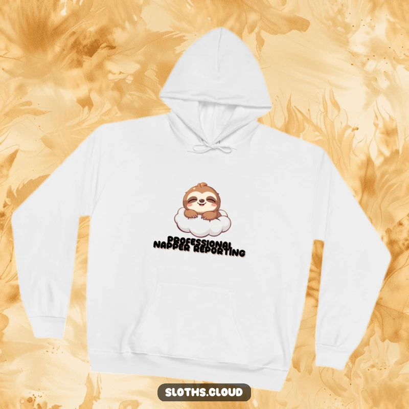 Funny Hoodie: A contented sloth drifts effortlessly on a fluffy cloud, smiling with pure bliss, offering cozy, humorous warmth.