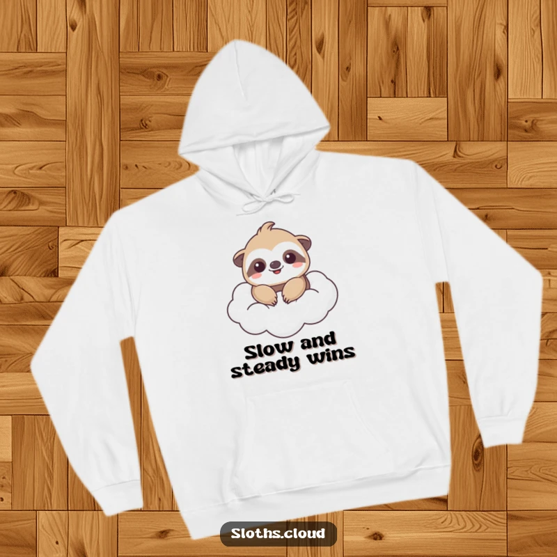 Funny hoodie featuring a kawaii sloth smiling contentedly while floating on a fluffy cloud, ideal funny gift.