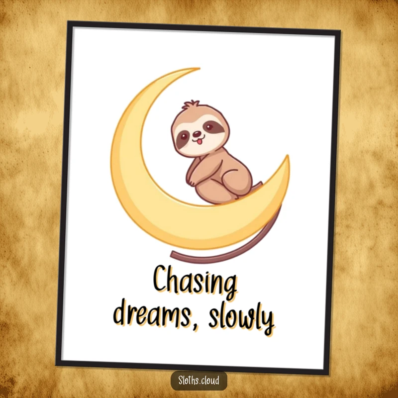 Funny Free Printable Wall Art: Sloth gently rides a crescent moon, a piece of whimsical and funny downloadable art.