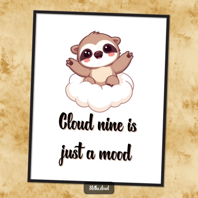 Funny Free Printable Wall Art: A kawaii sloth floats on a cloud, waving hello with a happy, gentle expression.