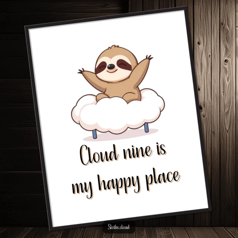 Funny Free Printable wall art depicting a sloth energetically jumping on a soft, bouncy cloud trampoline.