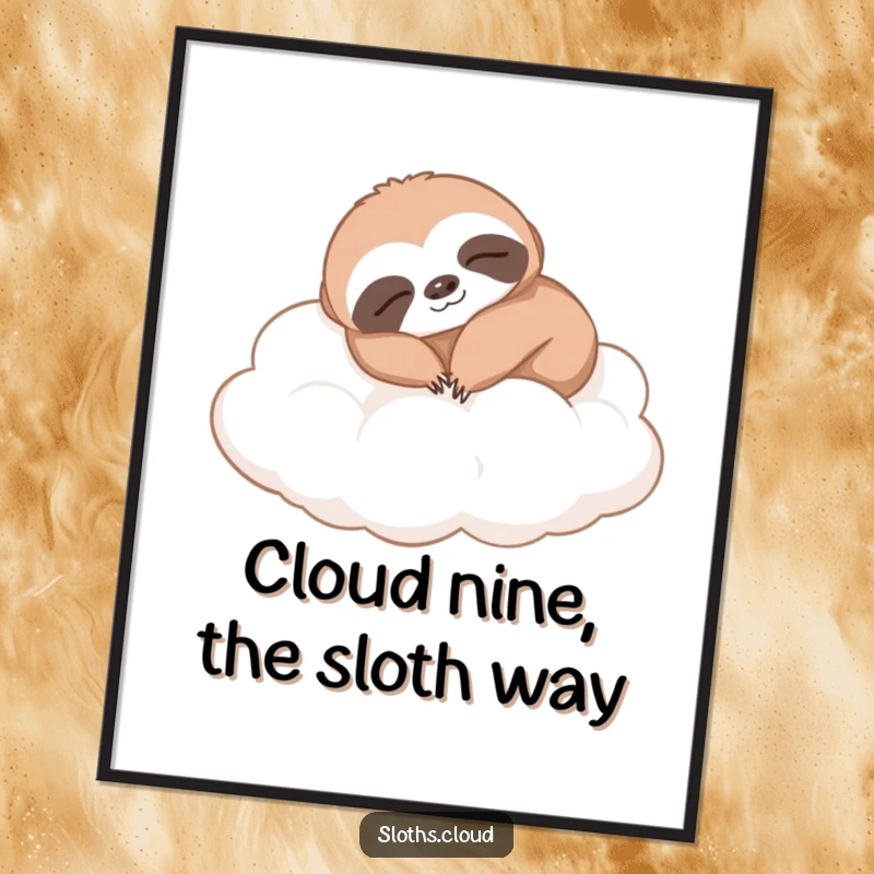 Funny Free Printable Wall Art of a sloth napping cozily on fluffy clouds, perfect for a peaceful and humorous decor piece.