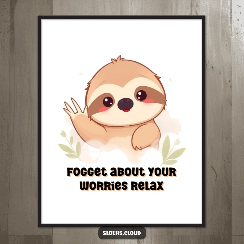 Funny Free Printable Wall Art featuring a shy sloth peeking from fog, waving gently, a whimsical and cute digital download.