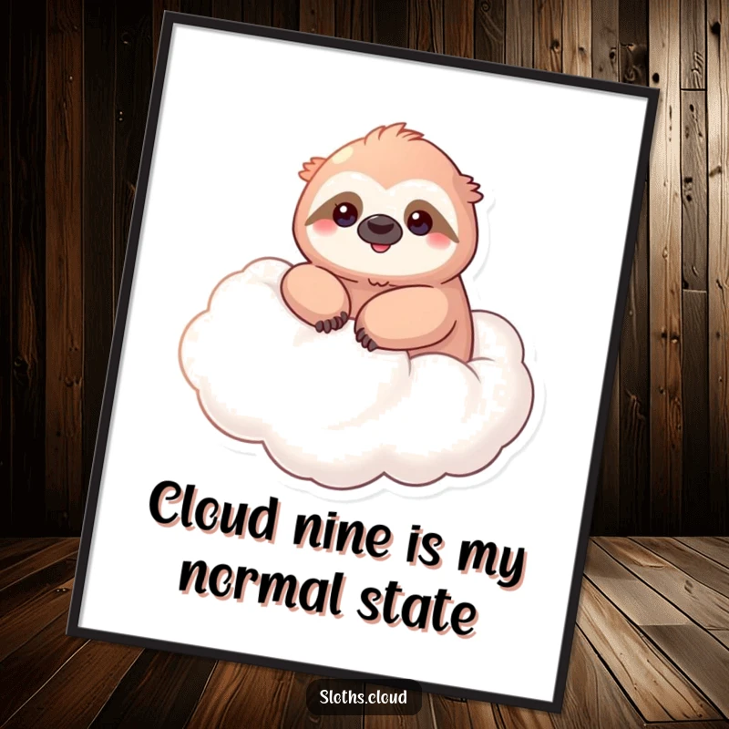 Kawaii Free Printable Wall Art: Adorable sloth smiles serenely while floating peacefully on a fluffy white cloud.