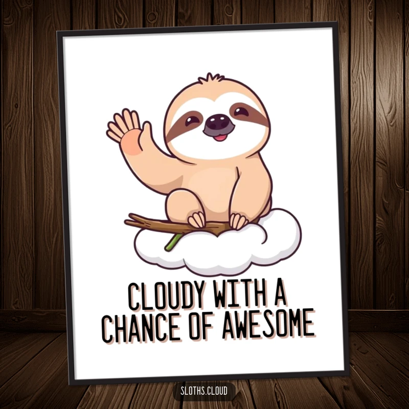 Funny Free Printable Wall Art: Sloth happily waves from its cloud perch, a piece of calm and funny downloadable art.