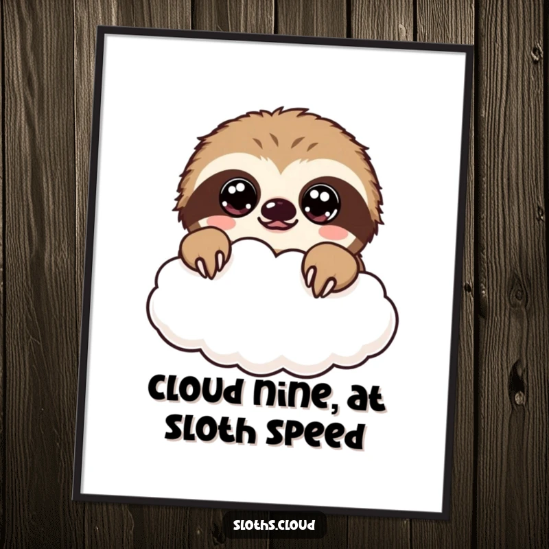 Funny Free Printable Wall Art: A super cute kawaii sloth with large, innocent eyes peeking over a fluffy white cloud, bringing sweet vibes.