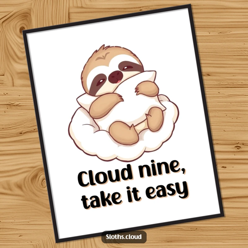 Funny Free Printable Wall Art: A cute sloth holding a fluffy pillow floats peacefully on a soft cloud.