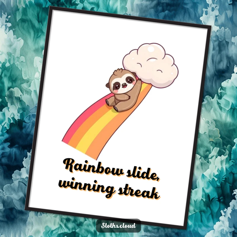 Funny free printable wall art: Kawaii sloth having fun sliding down a bright, colorful rainbow from a fluffy cloud.