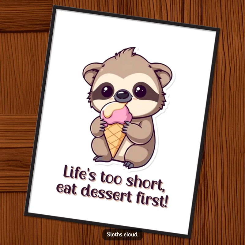 Funny Free Printable Wall Art: Amused kawaii sloth perfectly balances a dripping melting ice cream cone on a sunny day.